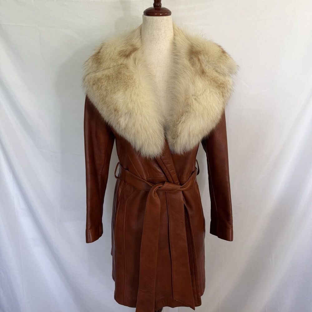 VTG 60s A Original Robert Meshekoff Leather Jacket Fur Collar Coat Sz 6